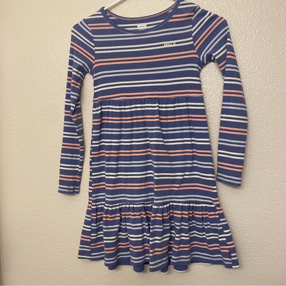Levis girls stripe blue cotton stretch basic long sleeve ribbed dress tiered 7/8